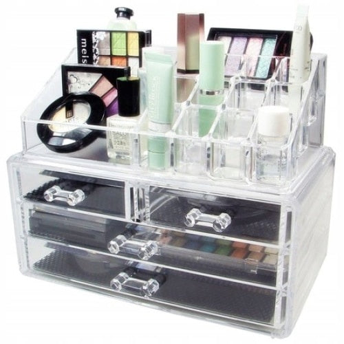Suport Organizator Transparent FOXMAG24 pentru Cosmetice si Bijuterii, 16 Compartimente, 4 Sertare, Alb