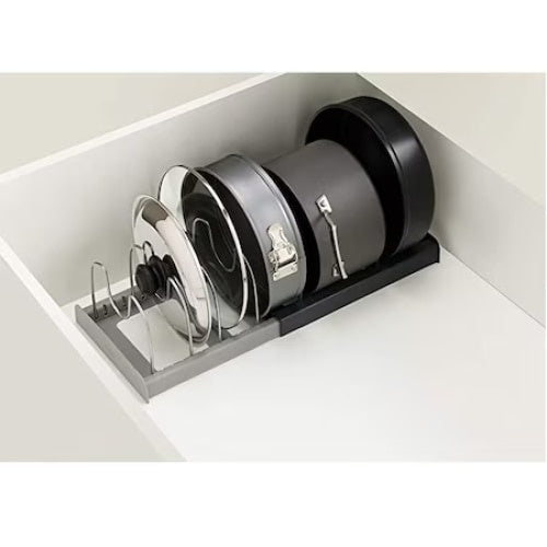 Suport pentru capace/oale, cu 7 separatoare, din metal/plastic, dimensiuni reglabile, negru/gri