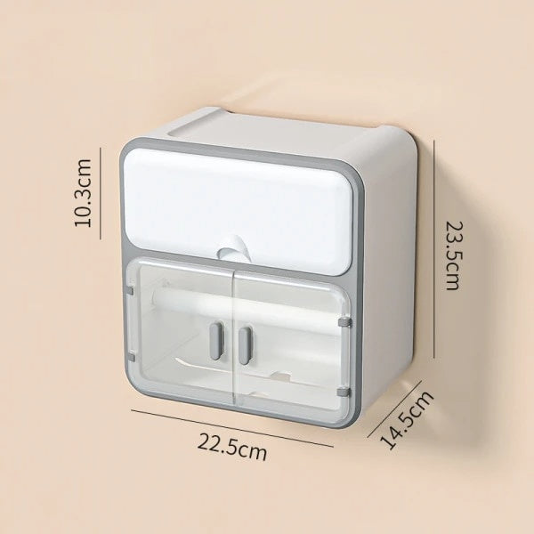 Suport pentru hartie igienica, autoadeziv, dimensiuni 22.5 x 14.5 x 23.5 cm, cu raft de sustinere pentru telefonul mobil, alb