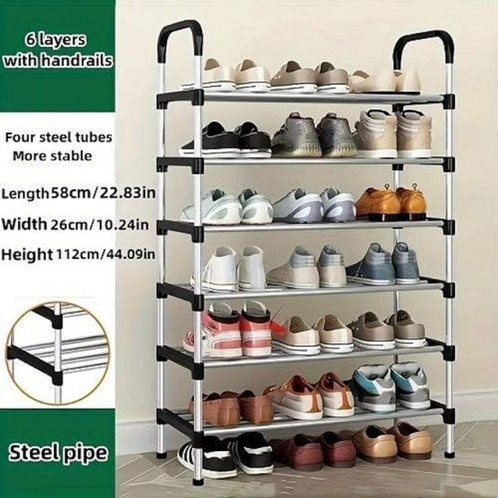 Suport pentru pantofi, cu 6 rafturi, din metal si ABS, instalare usoara, pentru hol, balcon, living, robusta si durabila, argintiu/negru