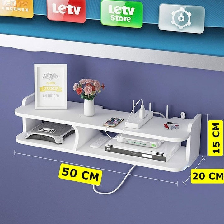 Suport pentru router si accesorii, dimensiuni 50 x 20 cm, cu 2 compartimente, montare pe perete, din PVC, finisaj mat, alb