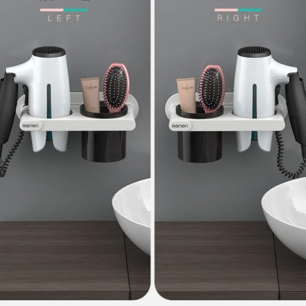 Suport pentru uscatorul de par, autoadeziv, pahar pentru articole baie, din ABS, dimensiuni 23 x 13 x 9 cm, alb
