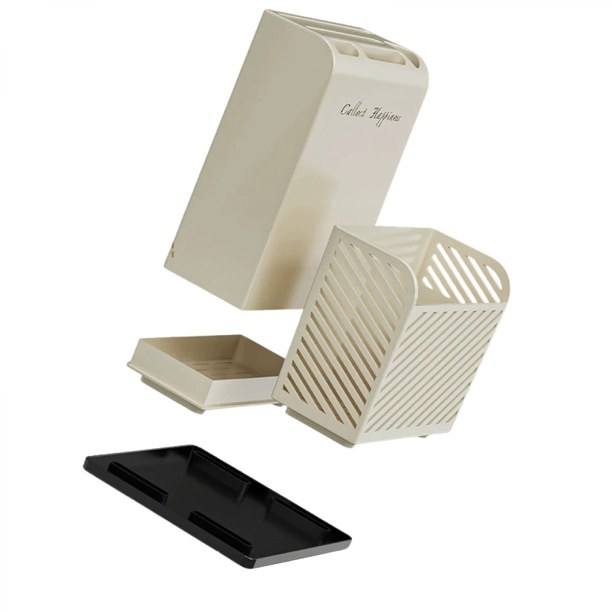 Suport ustensile bucatarie, recipient cutite, cu 3 compartimente, din plastic, dimensiuni 21 x 16 x 15 cm, alb