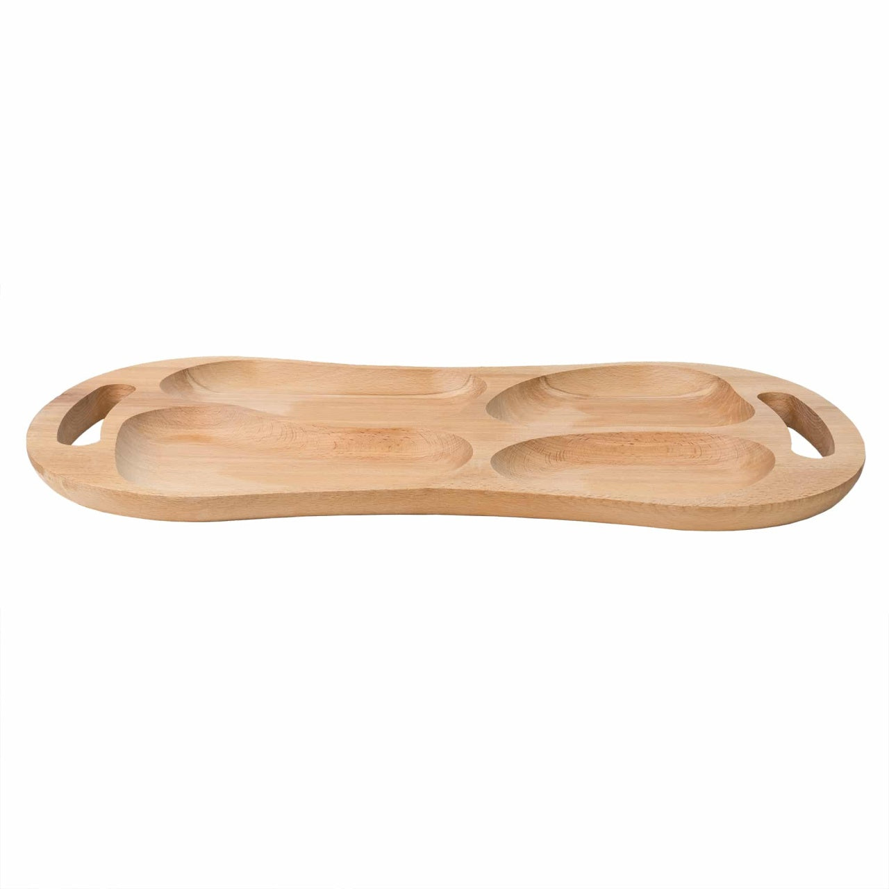 Tava asimetrica din lemn de fag, 4 compartimente, manere, 60x33 cm