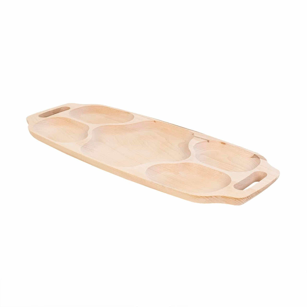 Tava asimetrica din lemn de fag cu 5 compartimente si manere, 70x30x3 cm