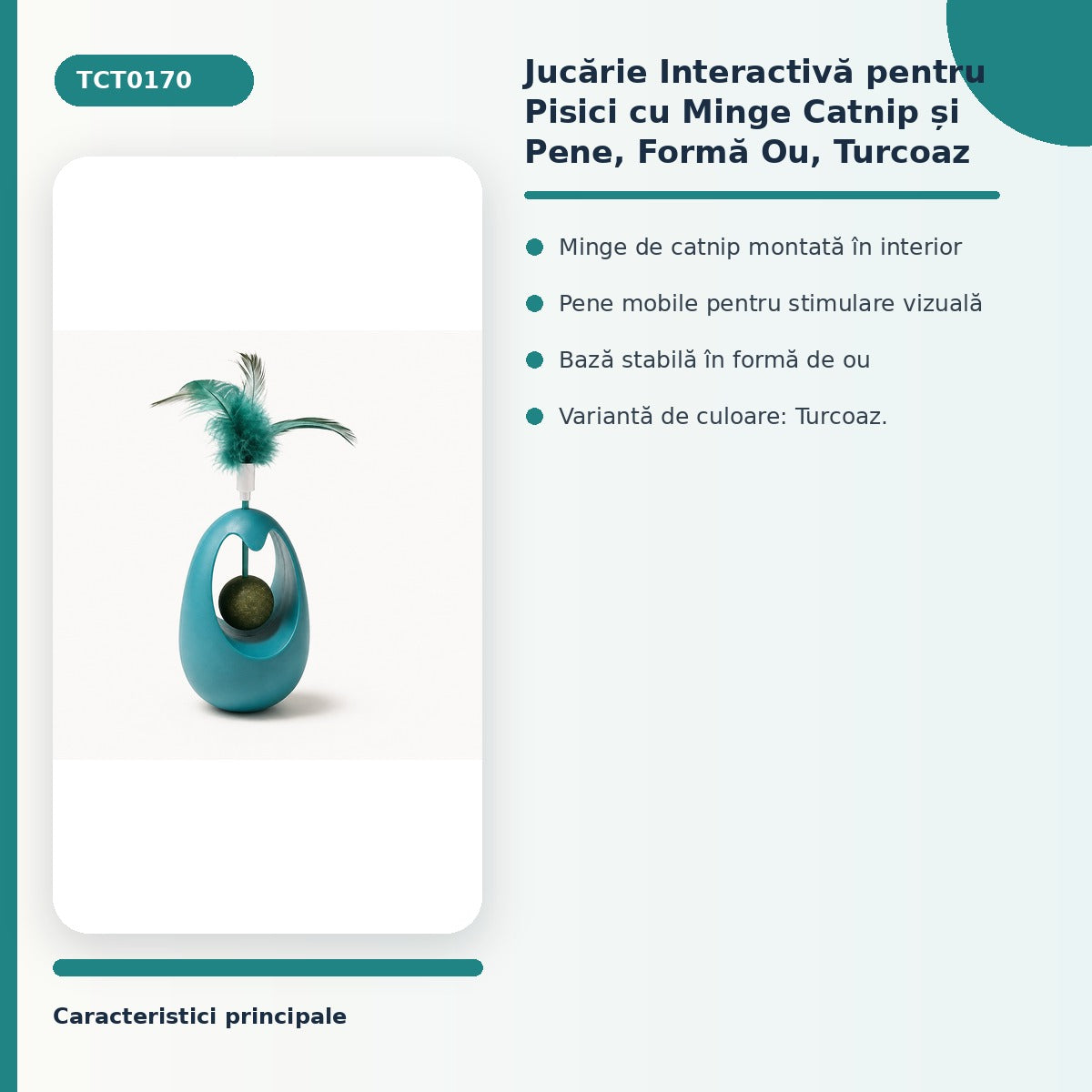Jucarie Interactiva pentru Pisici cu Minge Catnip si Pene, Forma Ou, Turcoaz – imagine 3