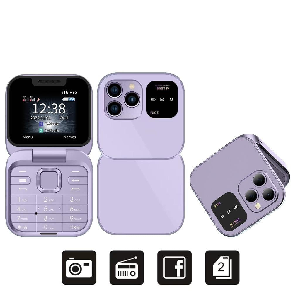 Telefon mobil mini cu ecran dublu, butoane mari, lanterna LED, camera foto, 2 x Nano SIM, player muzical, radio, mov