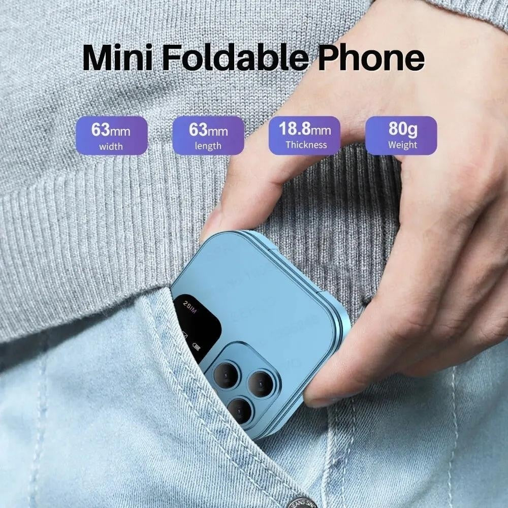 Telefon mobil mini cu ecran dublu, butoane mari, lanterna LED, camera foto, 2 x Nano SIM, player muzical, radio, albastru
