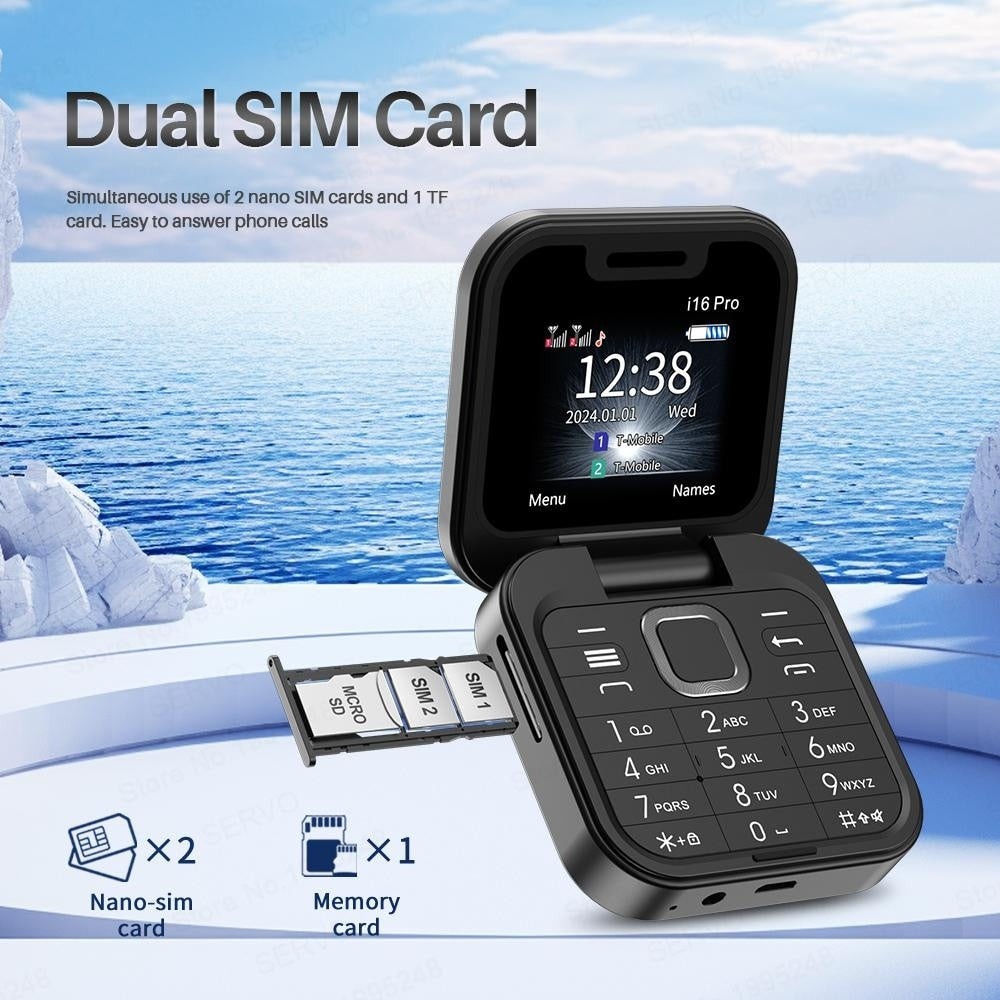 Telefon mobil mini cu ecran dublu, butoane mari, lanterna LED, camera foto, 2 x Nano SIM, player muzical, radio, negru