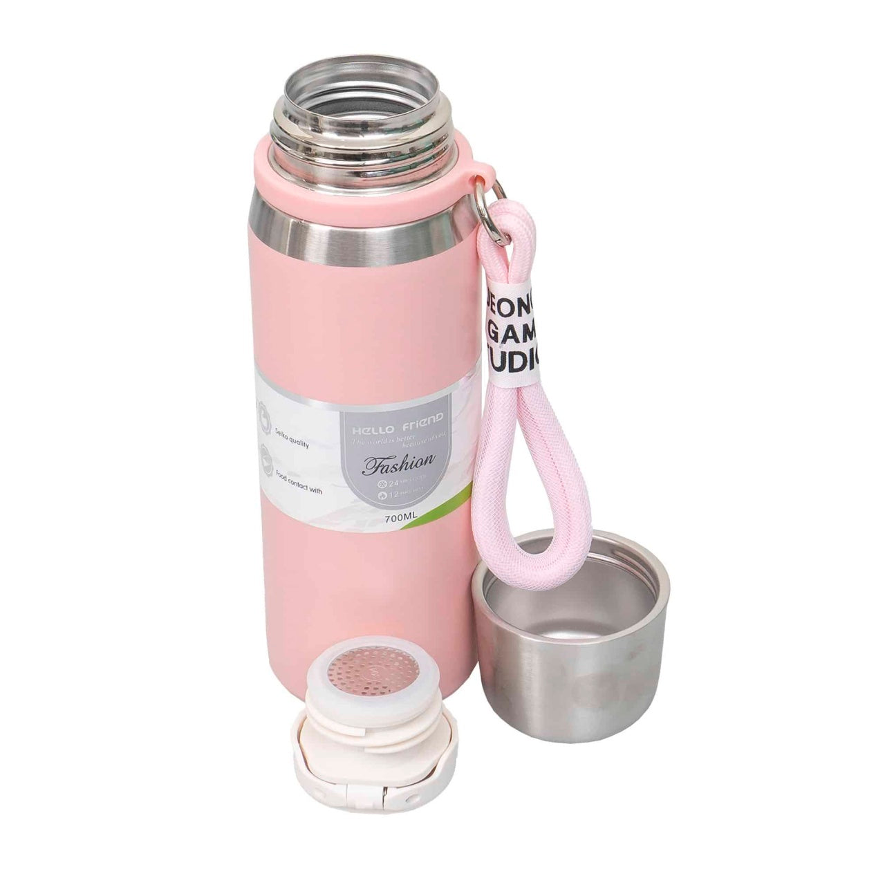 Termos interior inox 700ml cu capac pahar si sita, roz