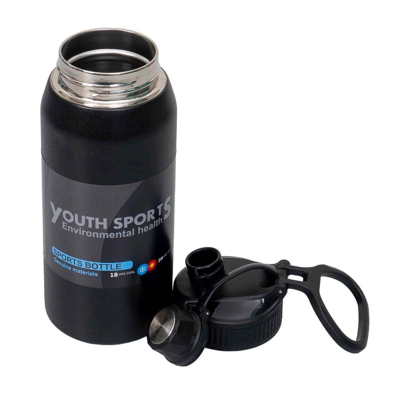 Termos YOUTH SPORTS 600ml, interior inox, capac negru, model sticla