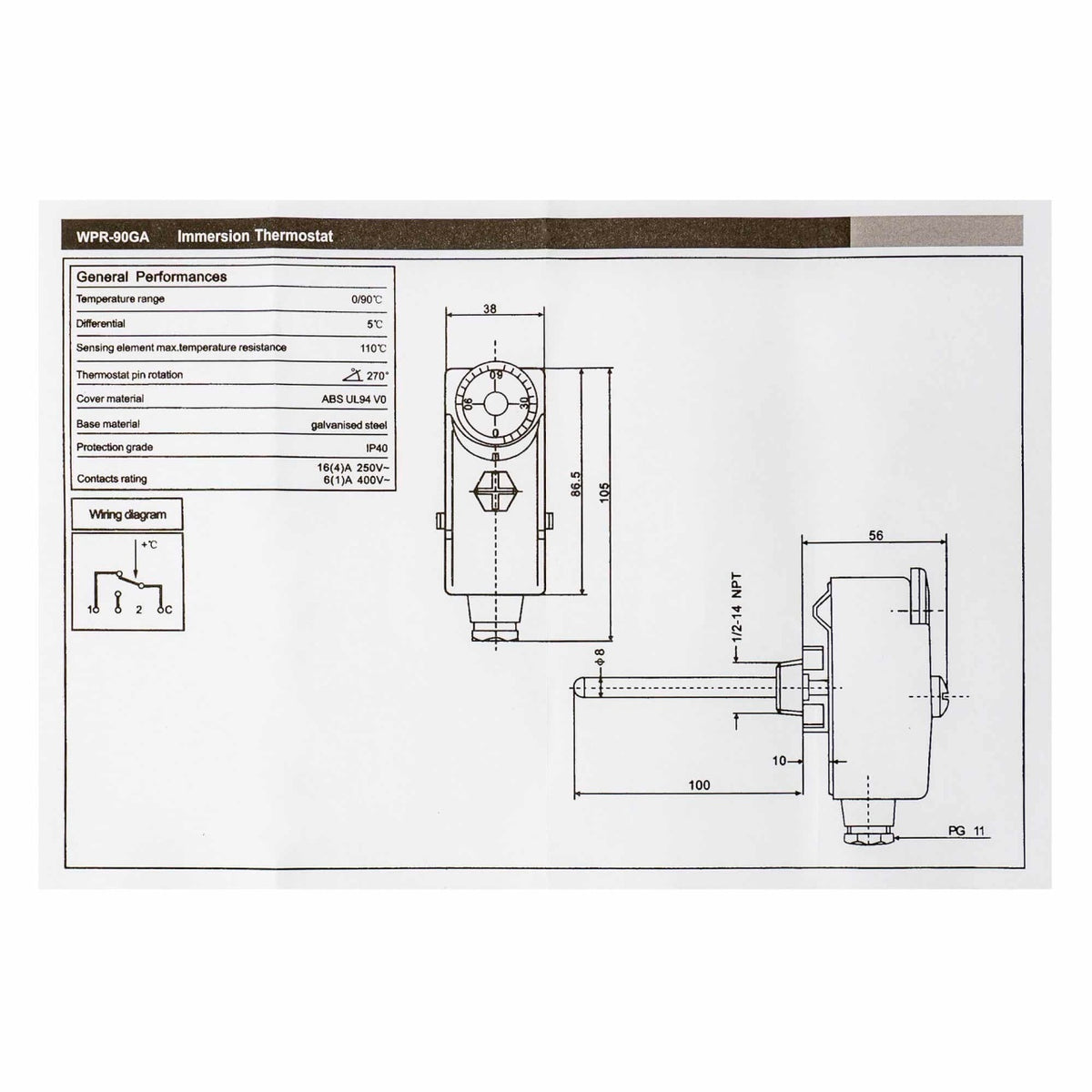 Termostat de imersie 100mm, temperatura 0-90°C, carcasa ABS, IP40