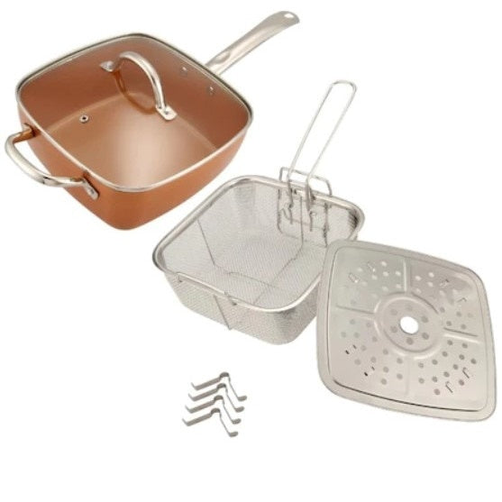 Tigaie 5 in 1 cu capac din sticla FOXMAG24, 24 cm x 9 cm, pentru fript, fiert, prajit, gatit la aburi, gatit la cuptor, culoare bronz