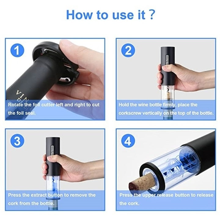 Tirbuson electric, cu acumulator reincarcabil si accesoriu pentru taiat folia, negru