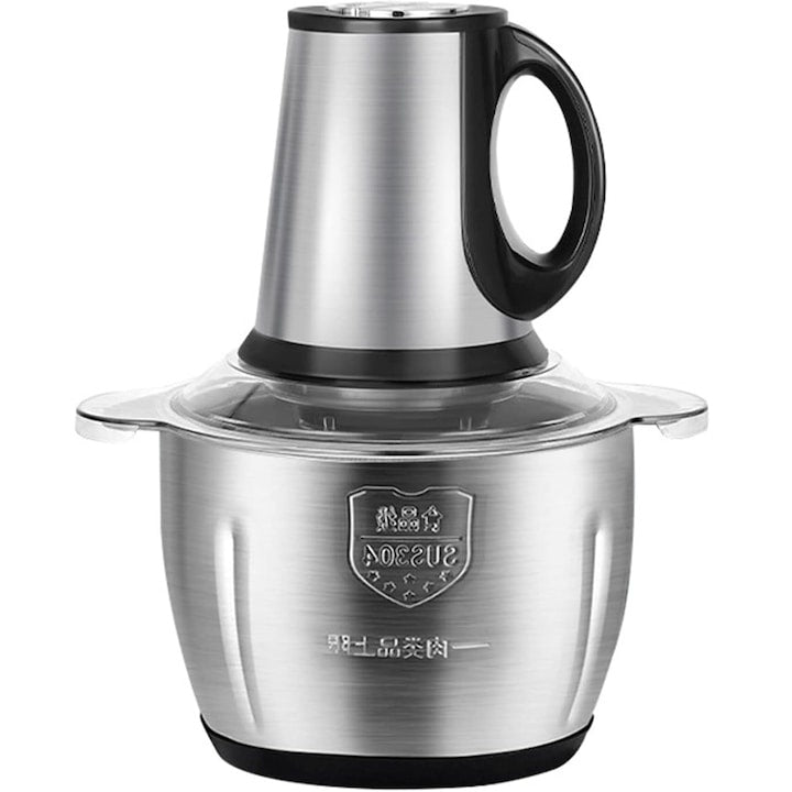 Tocator electric pentru carne si legume, capacitate 5L, 4 lame din otel inoxidabil de inalta calitate, putere 1000 W, recipient din inox, argintiu