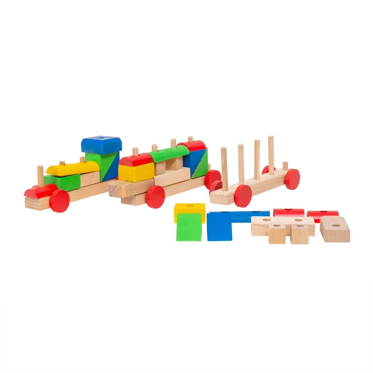 Trenulet din lemn fag cu locomotiva si 2 vagoane, 58x5x9cm, forme geometrice