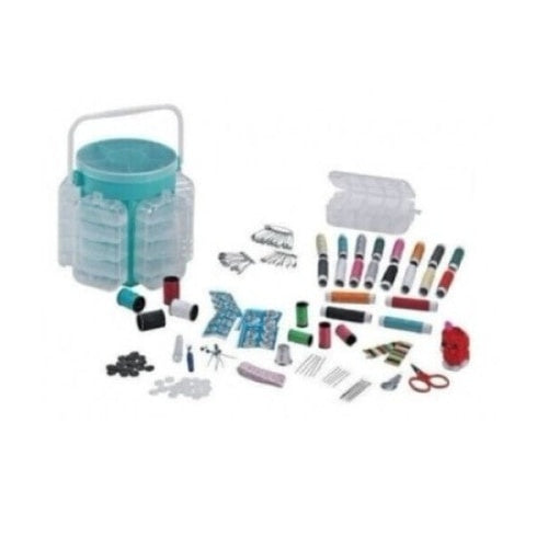 Trusa de cusut si croitorie, portabila, cu 200 piese, si organizator din plastic cu maner, albastru