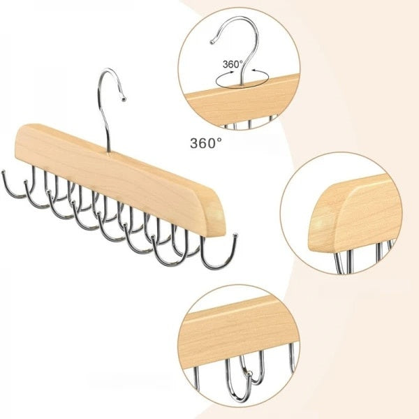 Umeras din lemn si otel, cu 14 suporturi rotative 360°, pentru curele, dimensiuni 37 cm x 14 cm, argintiu/maro