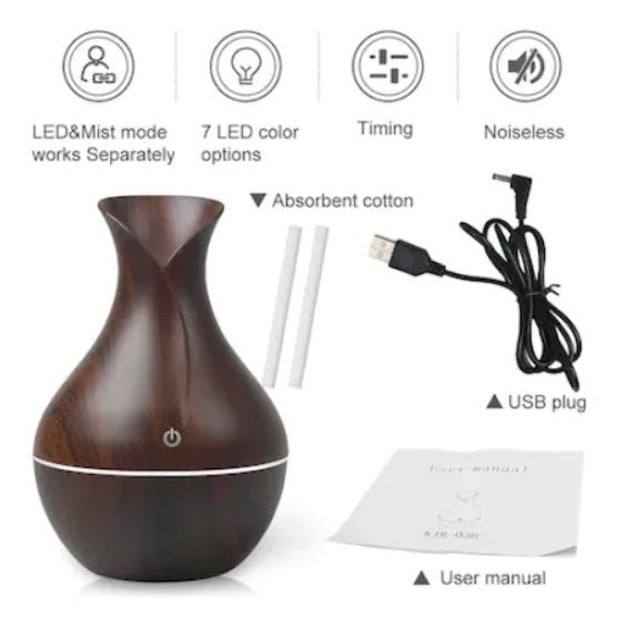 Umidificator aromaterapie cu USB FOXMAG24, 7 culori, ultrasonic, 130ml, stejar brun