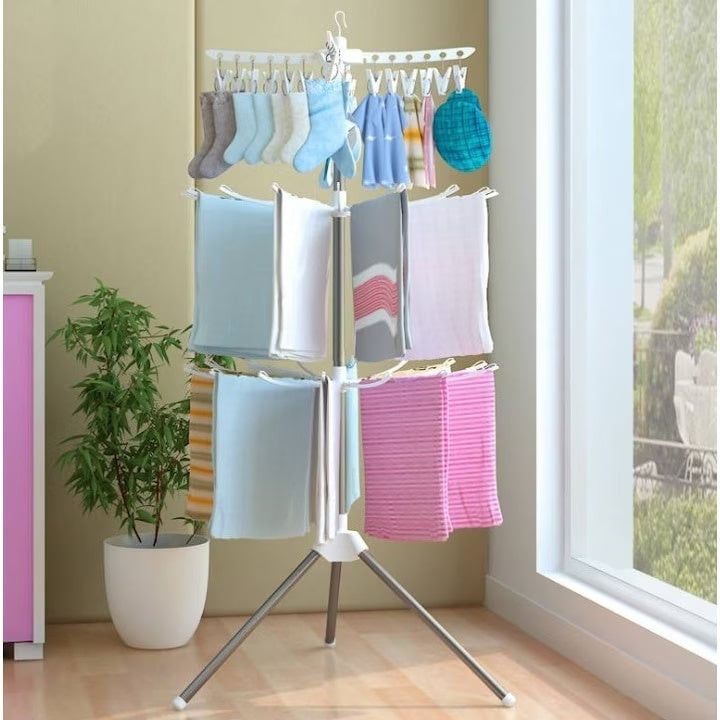 Uscator de rufe vertical, cu 3 niveluri rotative, 1 nivel cu clesti, pliabil, uscor de depozitat, din metal si plastic, alb/argintiu