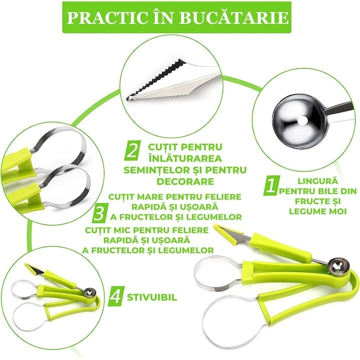 Ustensila pentru decorat si curatat fructe si legume, cu 4 capete, din metal si plastic, usor de curatat, verde
