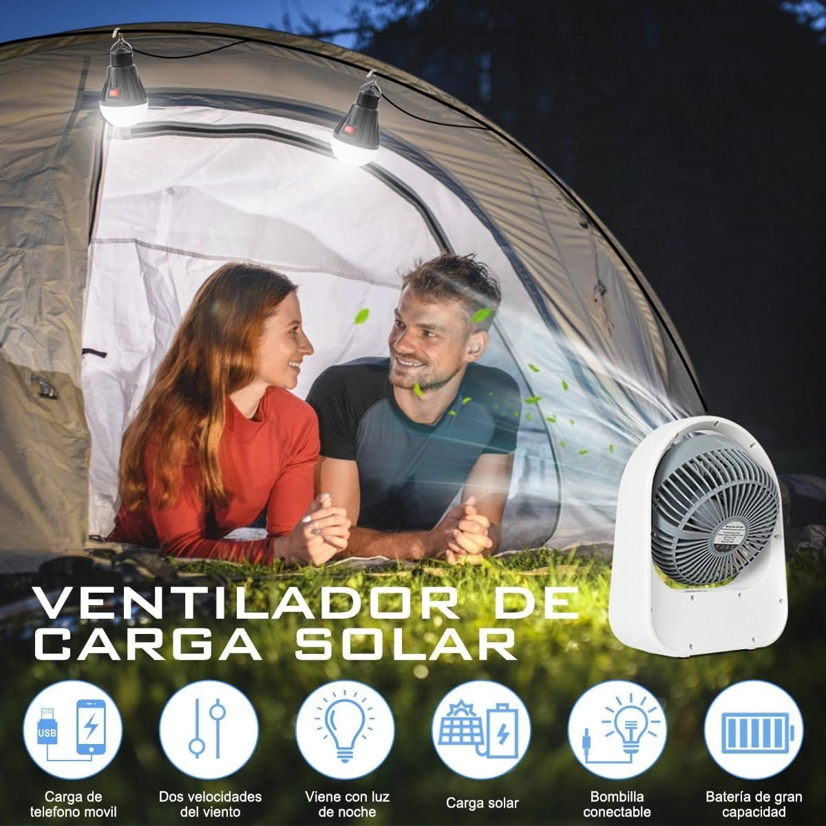 Ventilator de masa, cu incarcare solara, 8 inch, cu 2 becuri incluse, functie de powerbank, din ABS, cu USB, alb/gri