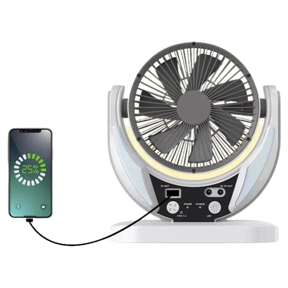 Ventilator de masa, cu incarcare solara, cu 2 becuri incluse, functie de powerbank, din ABS, cu USB, alb/gri