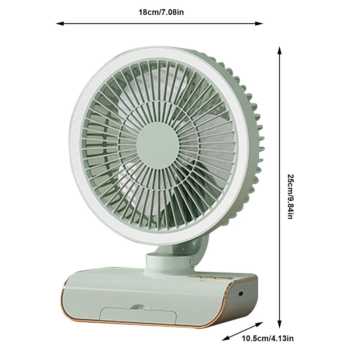 Ventilator portabil, cu lumina LED, din ABS, oscilanat, cu 3 viteze, incarcare USB, grila de siguranta, gri/alb