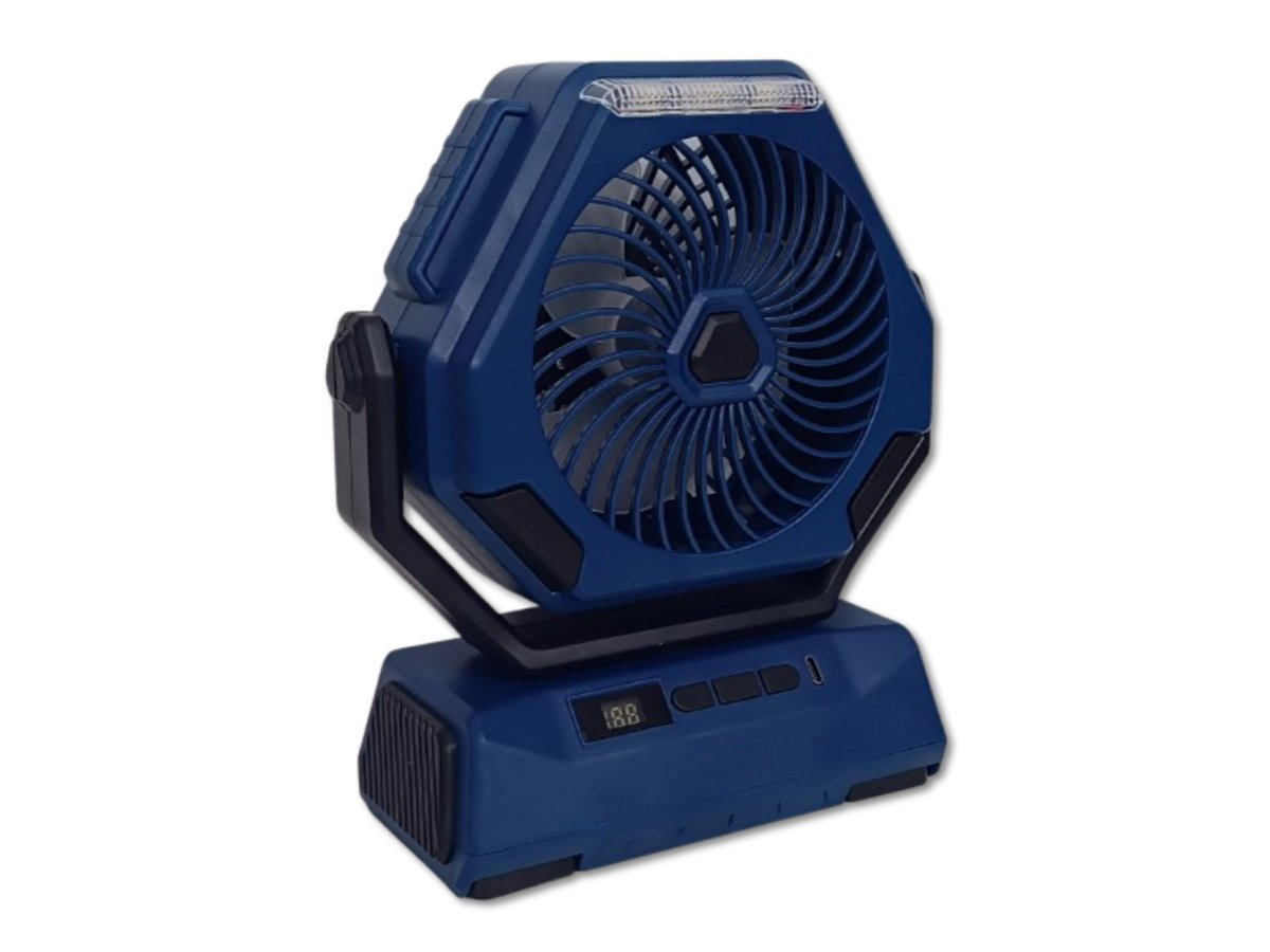 Ventilator portabil cu lanternă LED și display digital, reîncărcabil USB, ideal pentru camping, pescuit – albastru/negru