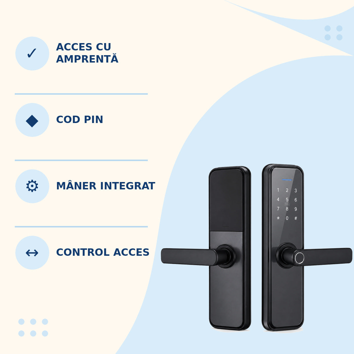 Yală Inteligentă pentru Ușă cu Amprentă, Cod, Card și Aplicație, Negru – imagine 3