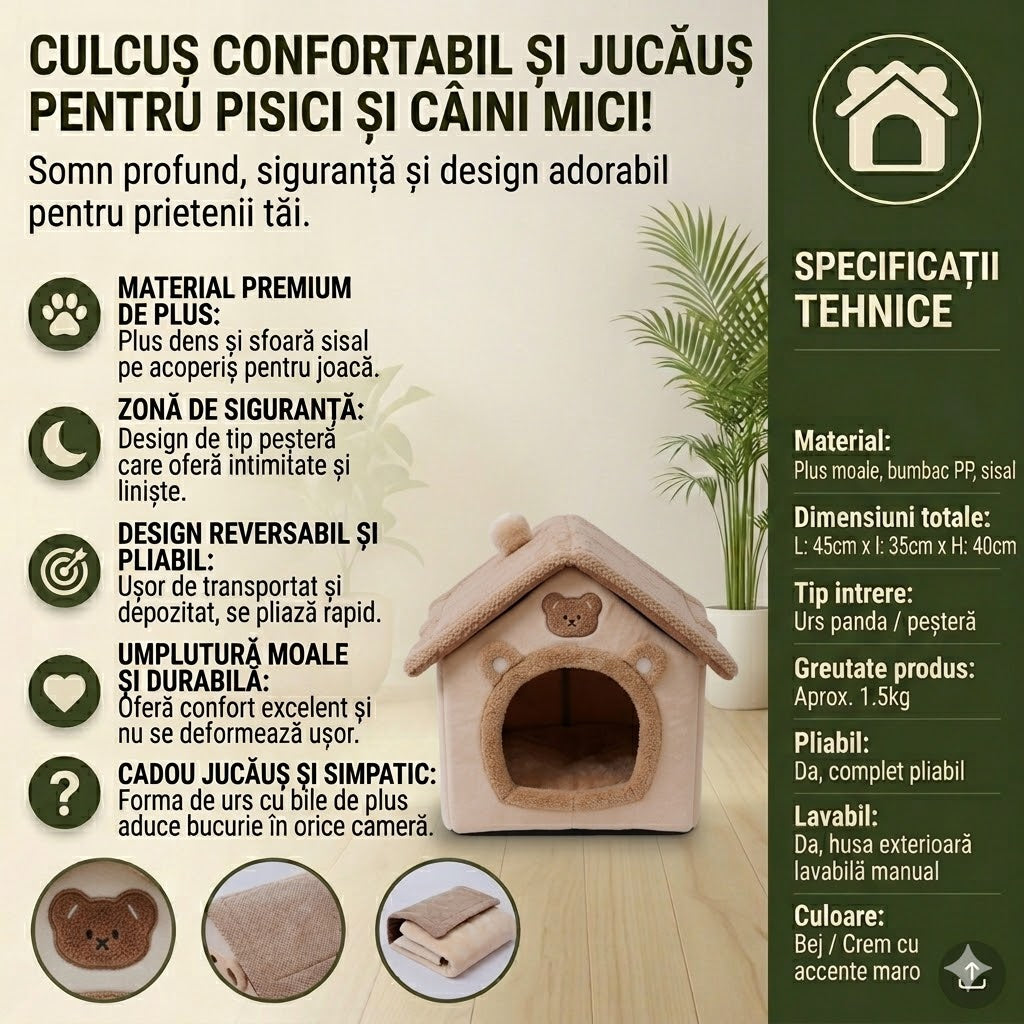 Culcus pentru animale, pat pliabil cu perna, multicolor 33x32x30 cm, Casuta