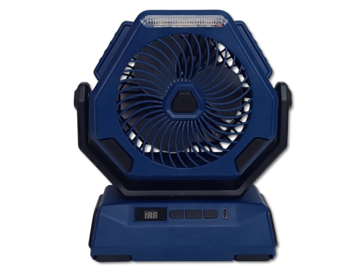 Ventilator portabil cu lanternă LED și display digital, reîncărcabil USB, ideal pentru camping, pescuit – albastru/negru