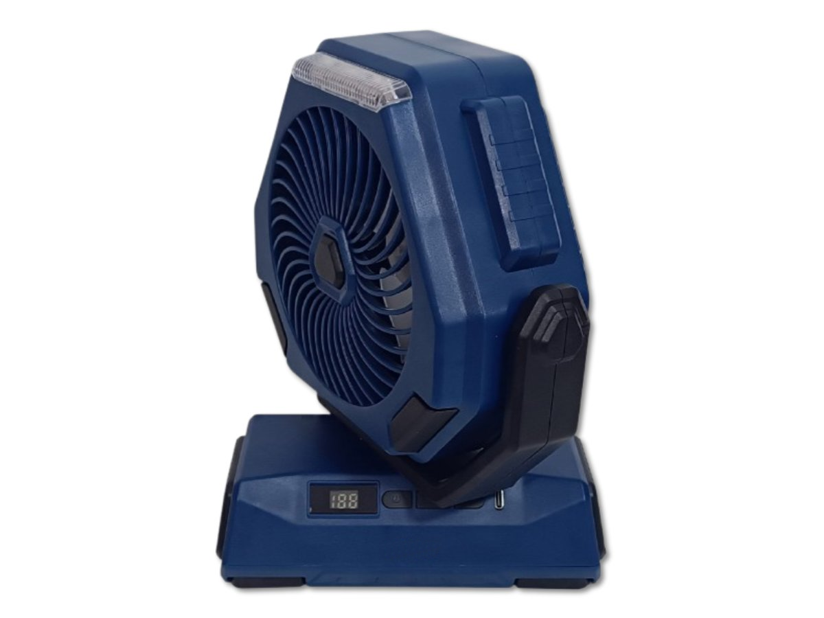 Ventilator portabil cu lanternă LED și display digital, reîncărcabil USB, ideal pentru camping, pescuit – albastru/negru