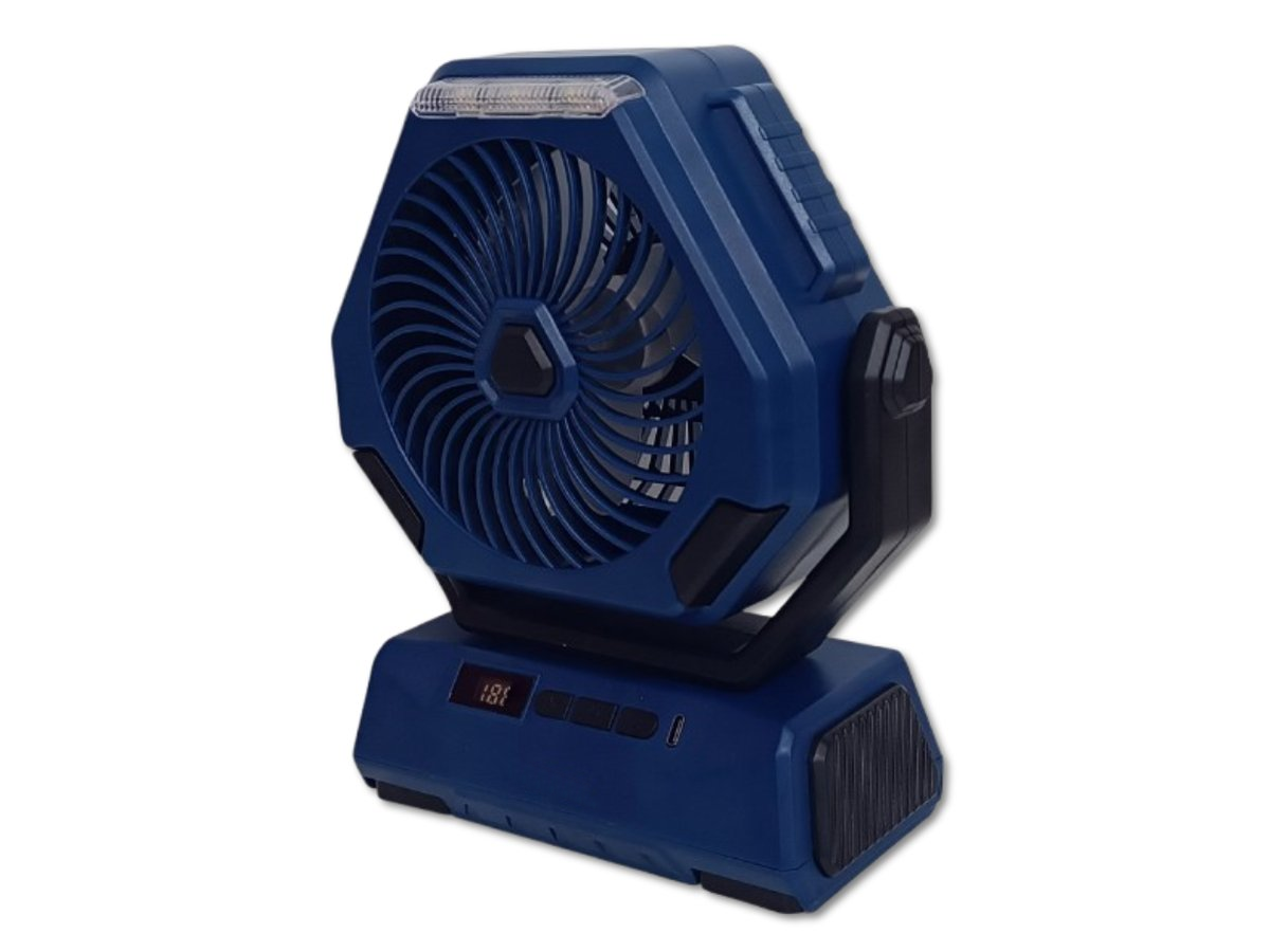 Ventilator portabil cu lanternă LED și display digital, reîncărcabil USB, ideal pentru camping, pescuit – albastru/negru