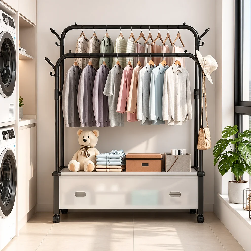 Suport cuier pentru haine, L=125cm-l=35cm- H=155cm, multifunctional, cu roti 360°, rafturi de depozitare și suport pentru incăltaminte, negru
