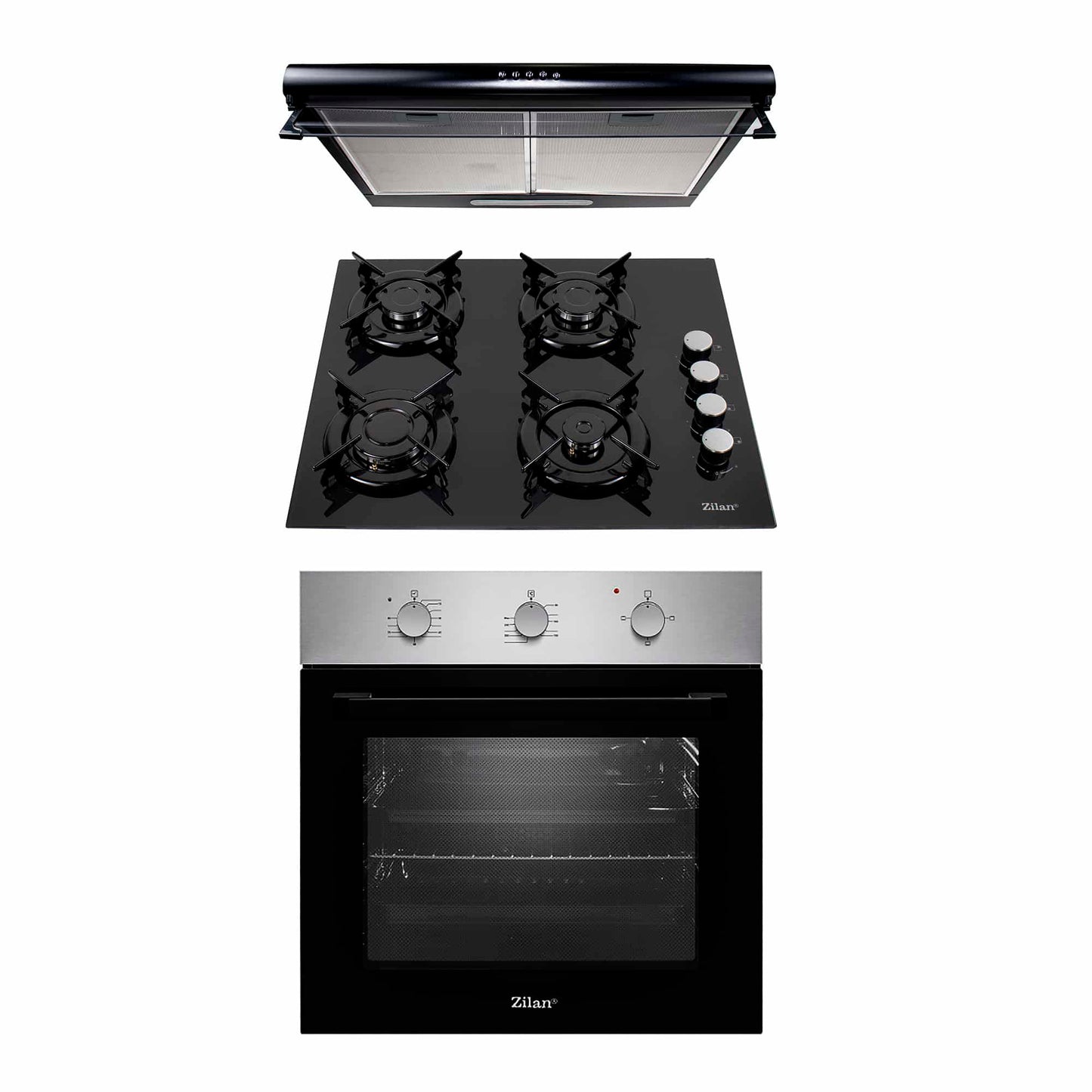 Pachet cuptor electric incorporabil 70L inox + plita gaz 59x51cm + hota 2 motoare 190W