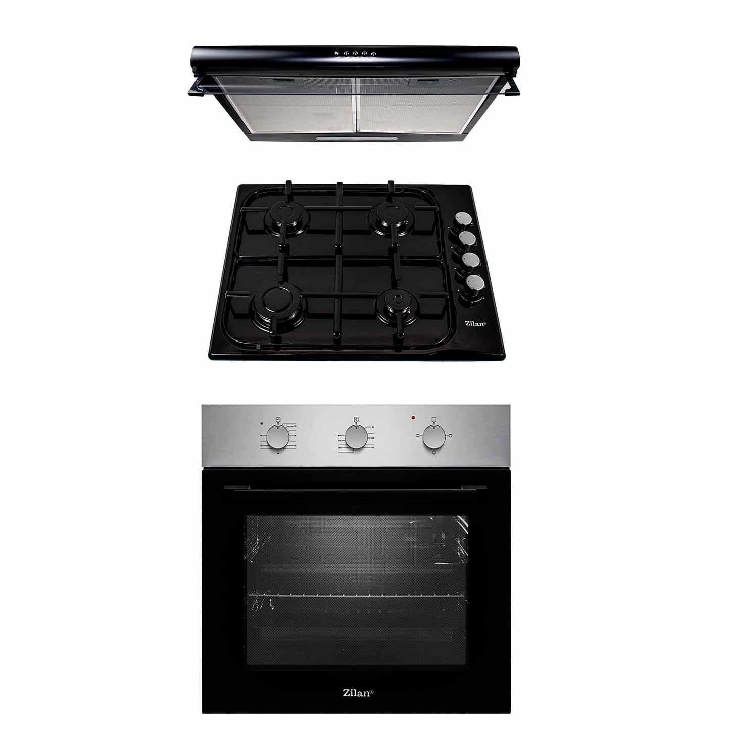 Pachet cuptor electric incorporabil inox 70 l + plita gaz incorporabila + hota 2 motoare 190W