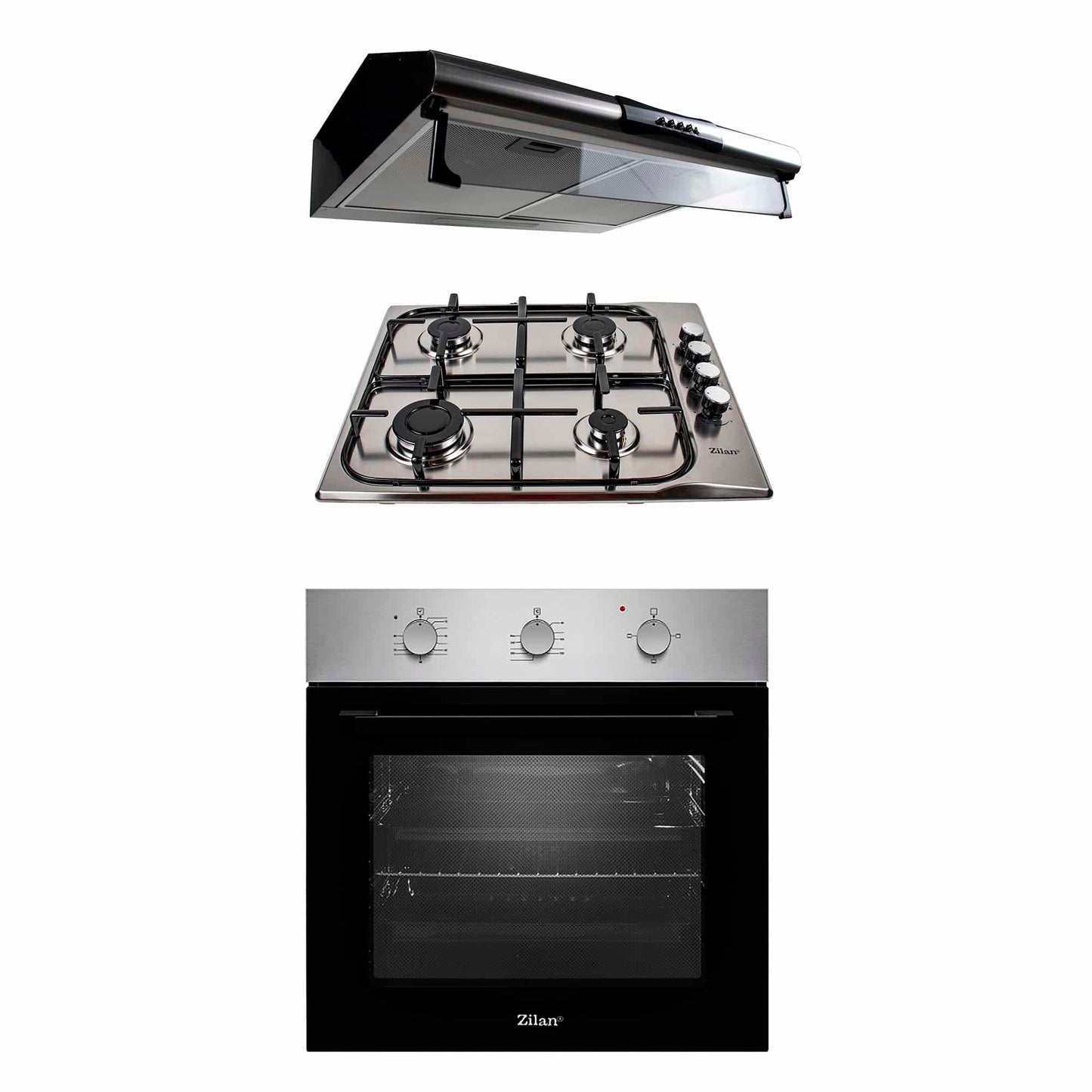 Pachet cuptor electric incorporabil 70L inox + plita gaz incorporabila + hota inox 2 motoare