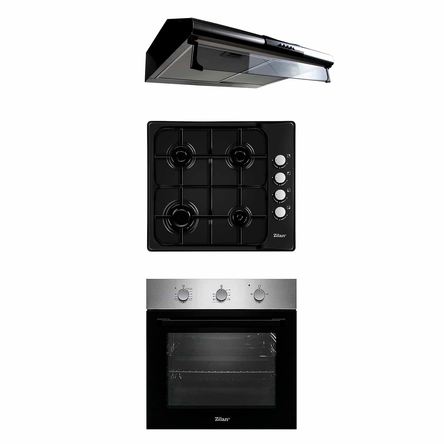 Pachet cuptor electric incorporabil 70L inox + plita gaz incorporabila + hota inox 2 motoare