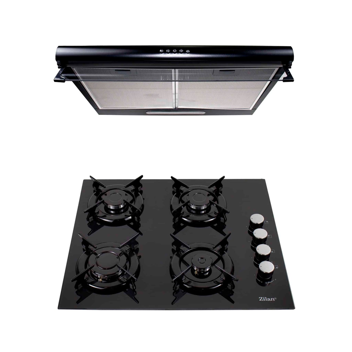 Pachet plita incorporabila gaz, 4 arzatoare, sticla neagra + hota perete 2 motoare 190W