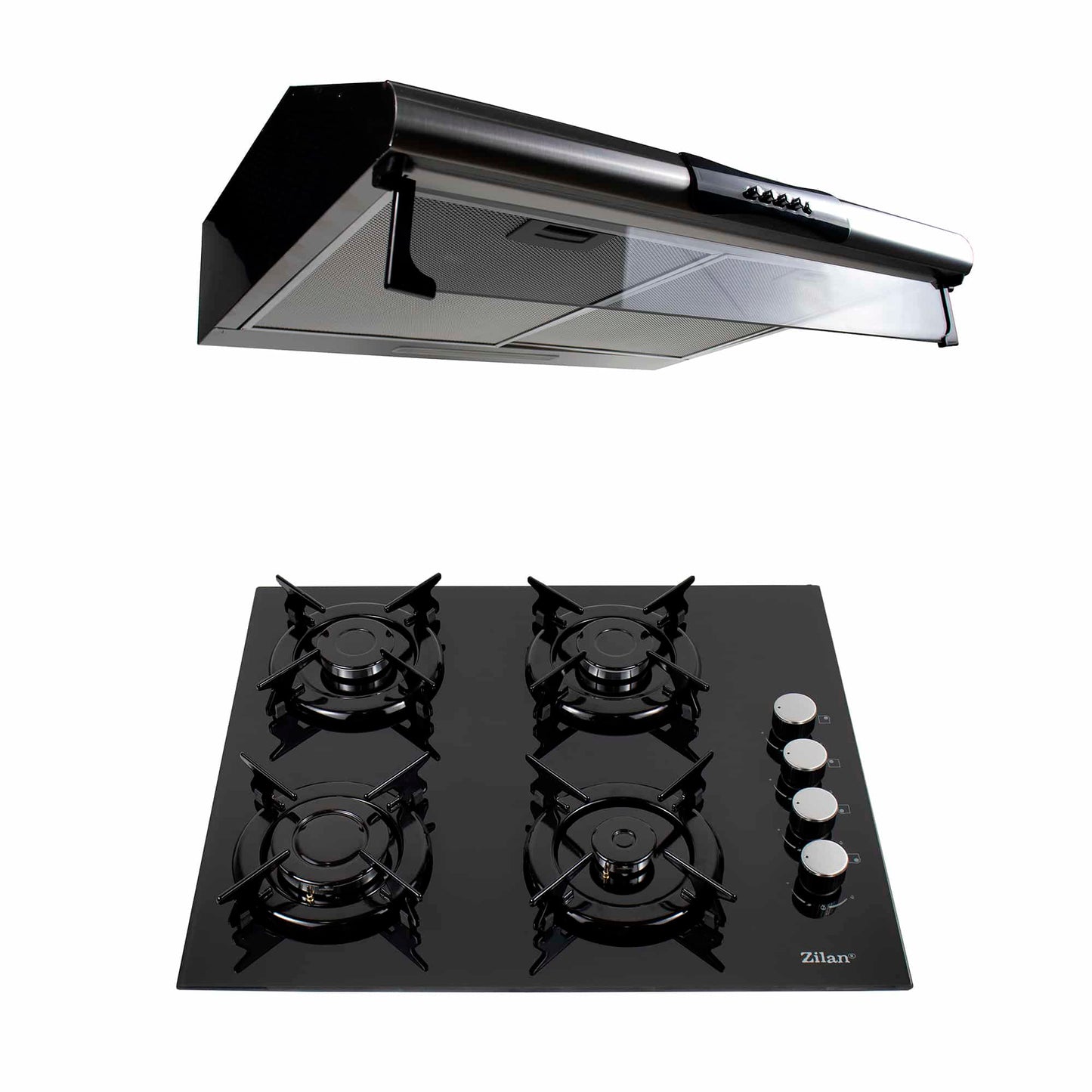 Pachet plita incorporabila gaz 4 arzatoare 59x51 cm cu aprindere electrica si hota perete inox 2 mot
