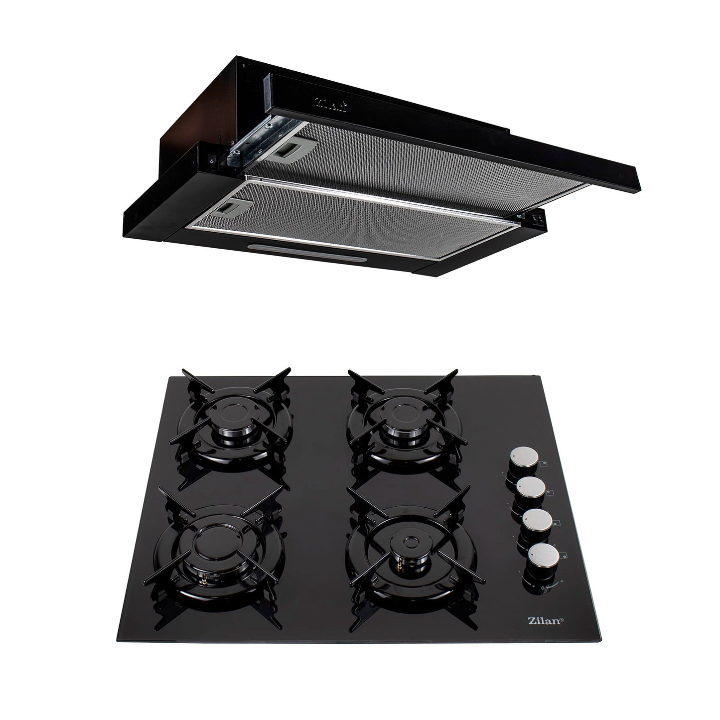 Pachet plita incorporabila gaz 4 arzatoare 59x51 cm cu aprindere electrica si hota telescopica 2 mot