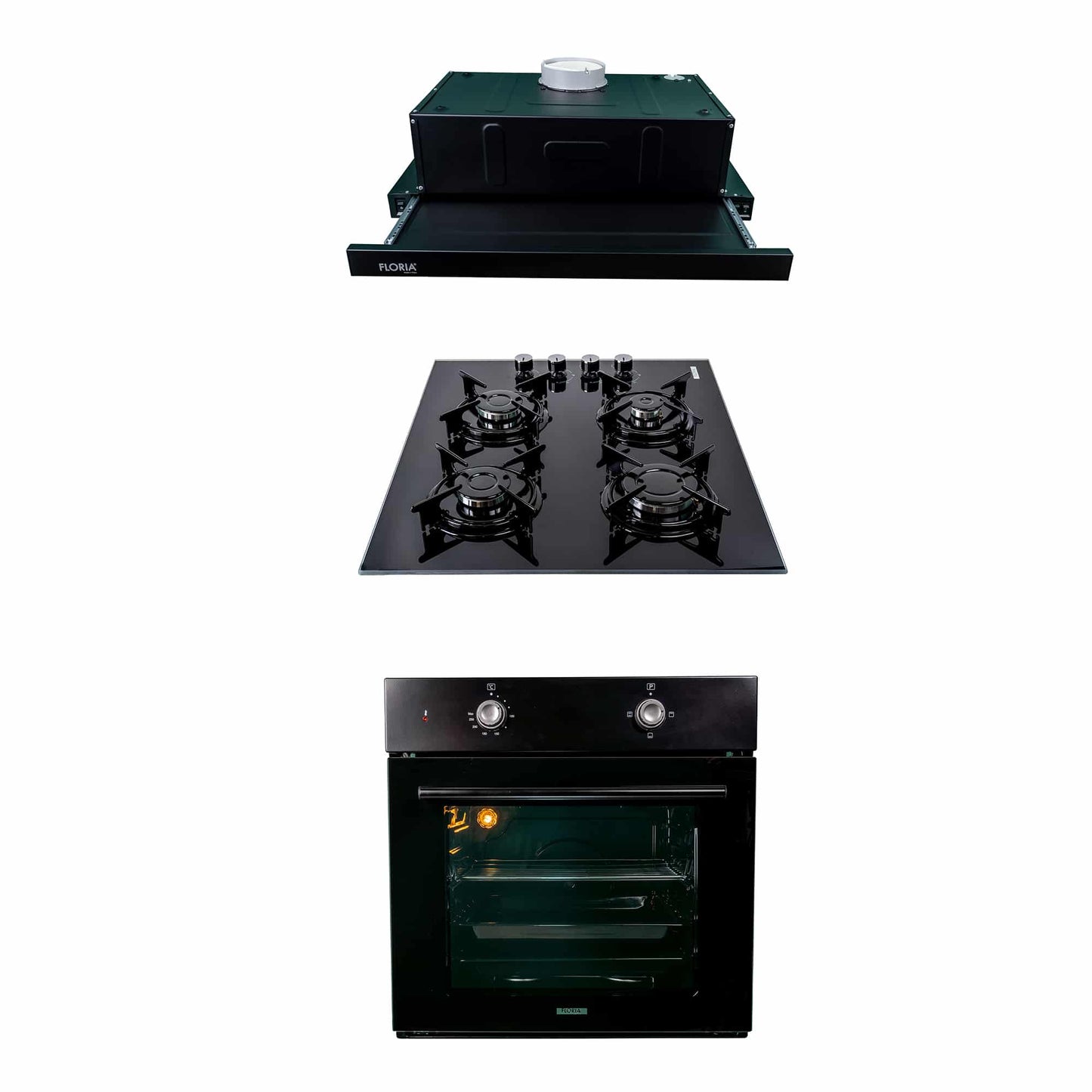 Pachet cuptor electric incorporabil 51L negru + plita gaz incorporabila + hota incorporabila 140W