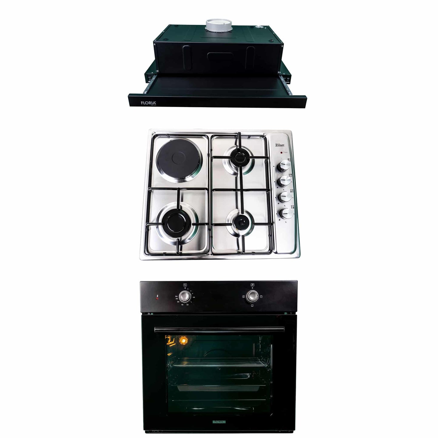 Pachet cuptor electric incorporabil 51L negru + plita gaz inox + hota incorporabila 140W