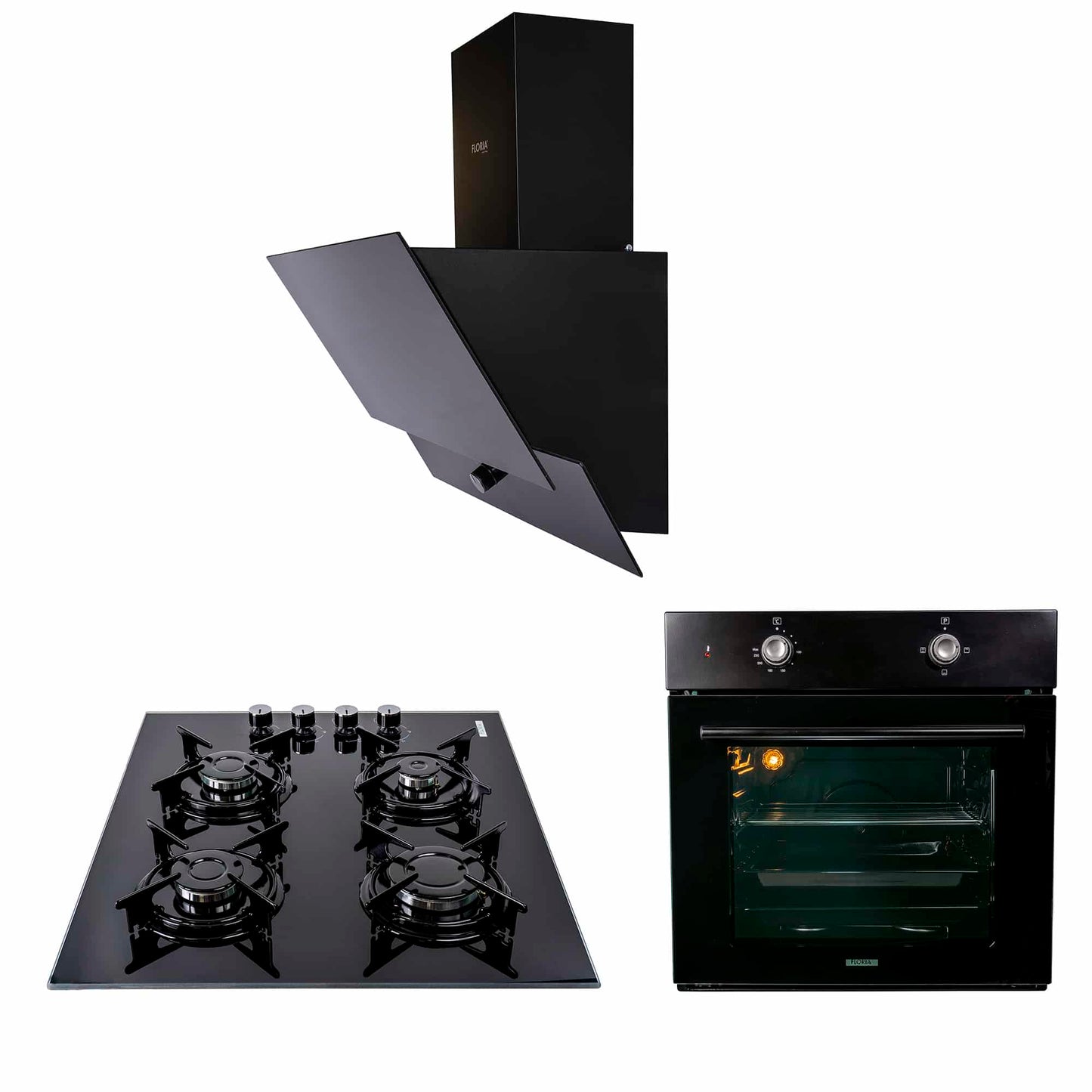 Pachet cuptor electric incorporabil 51L negru + plita gaz incorporabila + hota decorativa 60 cm