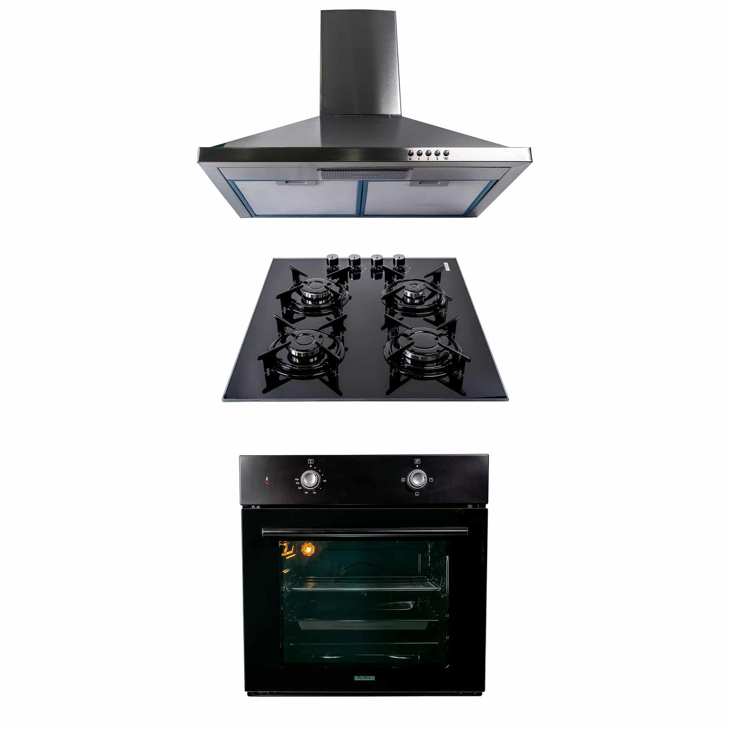 Pachet cuptor incorporabil (1857), capacitate 51l, electric, negru, plita incorporabila sticla (1871), 52x60x15 cm, gaz butelie sau gaz natural (duze de schimb incluse), hota incorporabila decorativa inox, 63 cm (1925) / SET 30026