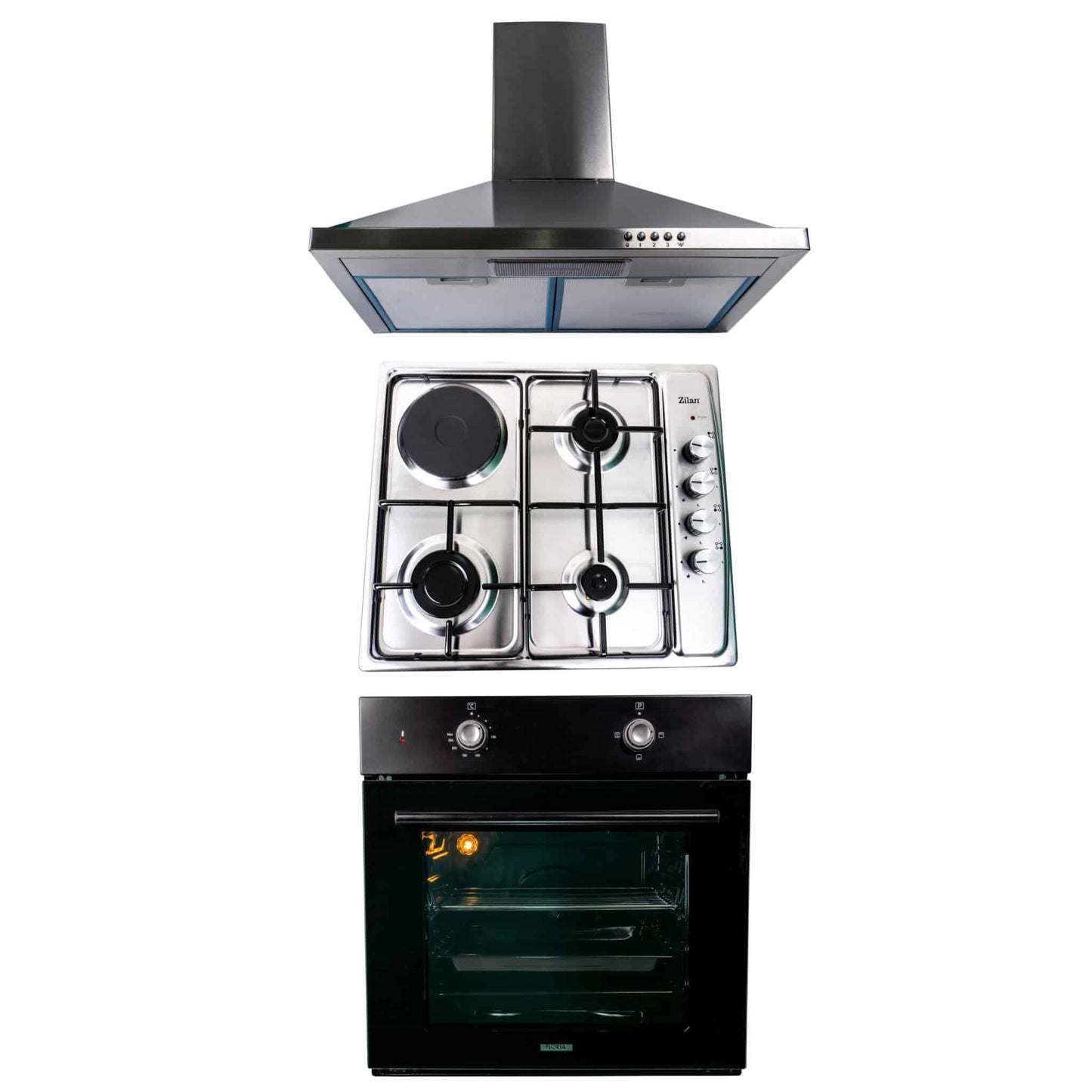 Pachet cuptor electric incorporabil 51L + plita gaz inox + hota inox 63 cm