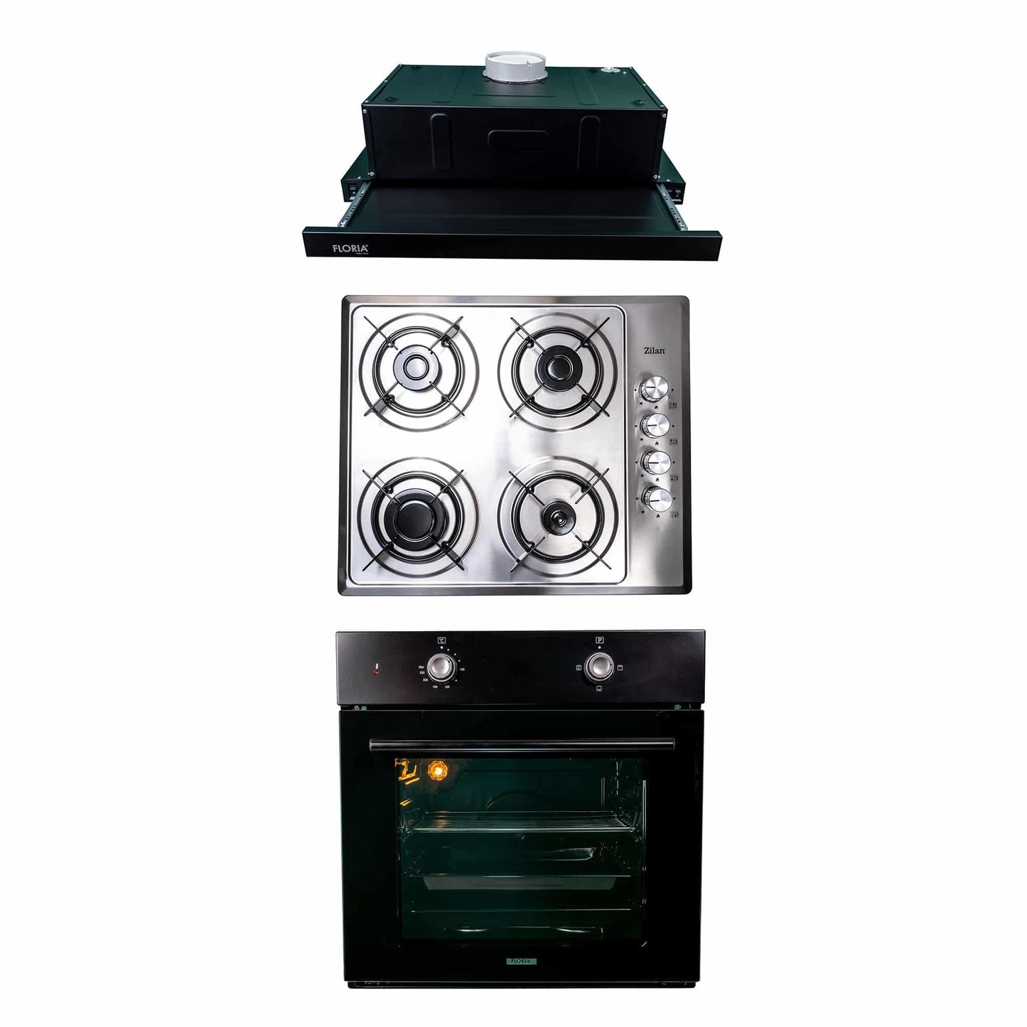 Pachet cuptor electric incorporabil 51L negru, plita gaz inox 60x50 cm, hota incorporabila 140W