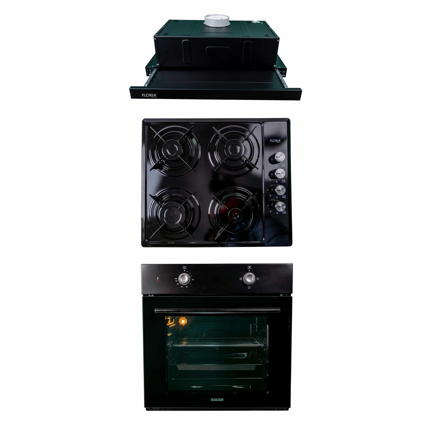 Pachet cuptor incorporabil (1857), capacitate 51L, electric, negru, plita incorporabila  (1864), 60x50x6cm, gaz butelie sau gaz natural(duze de schimb incluse), hota 1 motor, putere 140W (1895), 60X50 cm / SET 30021