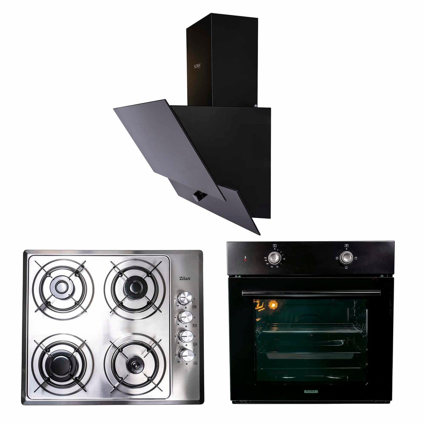 Pachet cuptor electric incorporabil 51L, plita inox gaz, hota decorativa 60 cm